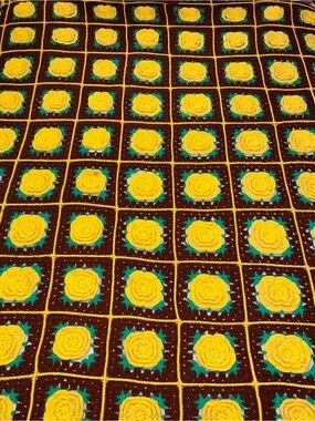 Handmade 3D Floral Crochet Throw Blanket - Yellow and Brown